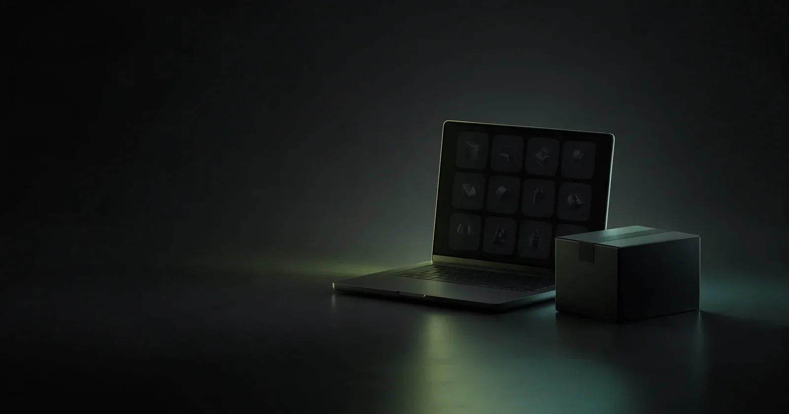 Laptop s apstraktnom mrežom proizvoda i mali paket pored, simbol početka online prodaje