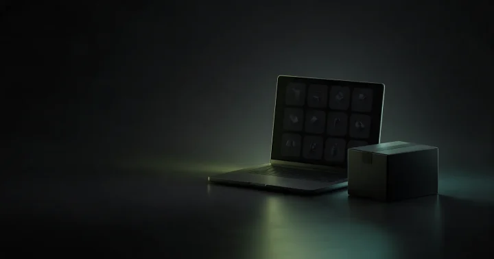 Laptop s apstraktnom mrežom proizvoda i mali paket pored, simbol početka online prodaje