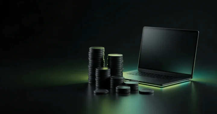 Naslagani novčići pored laptopa, simbol cijene izrade web shopa