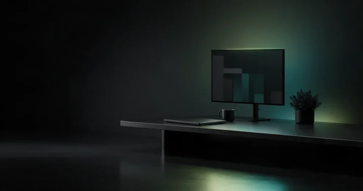 Minimalan radni sto s monitorom koji prikazuje apstraktni raspored stranice, studio digitalne agencije