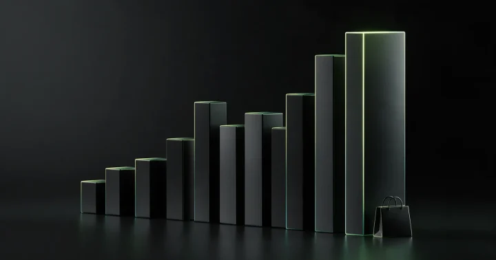 Apstraktni 3D stubni grafikon od crnih stubova s najvišim osvijetljenim stubom, simbol e-commerce statistike